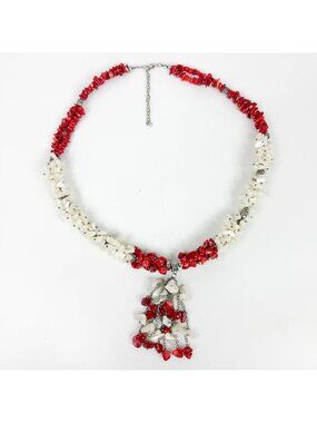 Chunky Coral and Mother Of Pearl Silver Tone Tassel Necklace